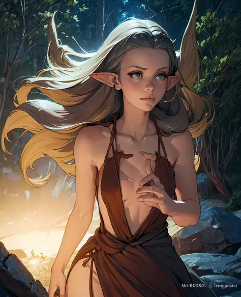 a beautiful female elf, 1girl, pointed ears, long hair, detailed face, big eyes, long eyelashes, sharp nose, detailed lips, elegant expression, slender body, graceful posture, flowing dress, forest background, fantasy landscape, sunlight glowing, glowing c...