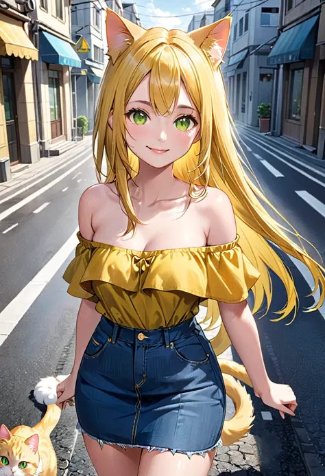 (( straight face picture )) ((best quality)),  ((Masterpiece)), (details), Young woman,  cat ears , yellow hair , green eyes , long hair , Yellow off-the-shoulder dress , jeans skirt , cat tail , smile,road