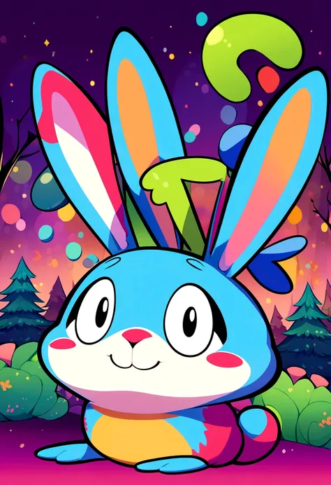 Cartoon character of a playful Pixar style rabbit with a dark forest background