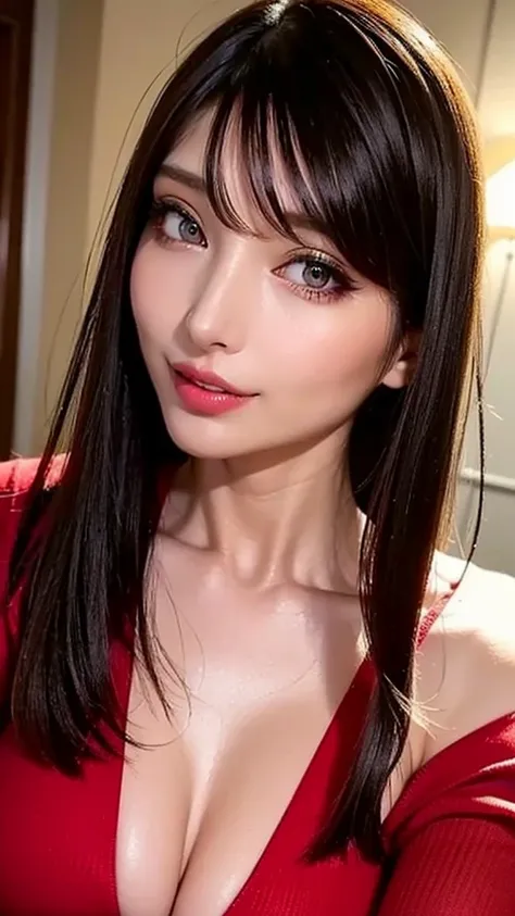 (highest quality、on the table、8K、best image quality、Award-winning work)、(young girl, 14 years old:1.3)、(Perfect V-neck long red sweater:1.2)、(red eyeshadow:1.2)、perfect makeup、long eyelashes、Ultra HD Shining Eyes、ultra hd hair、ultra high resolution glossy ...