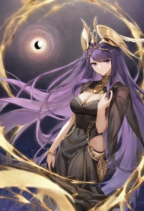 Greek goddess Athena，Extra long purple hair，Purple Eyes，Wearing black silk，Purple and black skirt，There is no decoration on the head，A black hole in the universe，Purple and black black hole