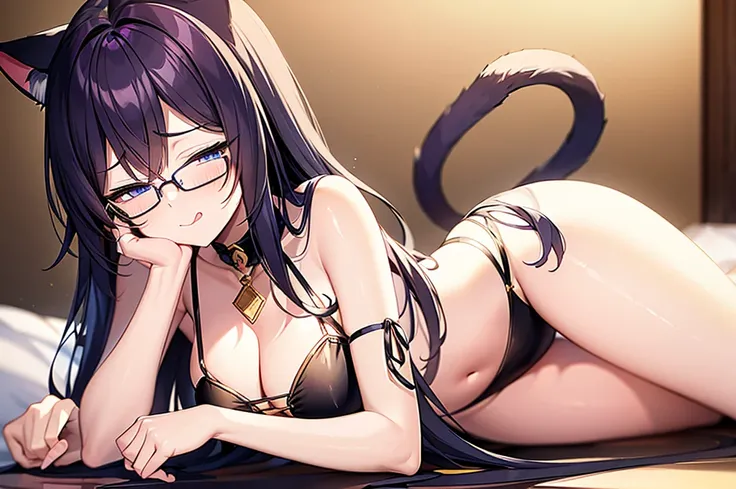 (Masterpiece), (best quality), Cat girl, 20 years old, long hair, dark purple hair, chest, blue eyes, cat ears and cat tail, wears round glasses, sticks out tongue, sleeps on a bed.