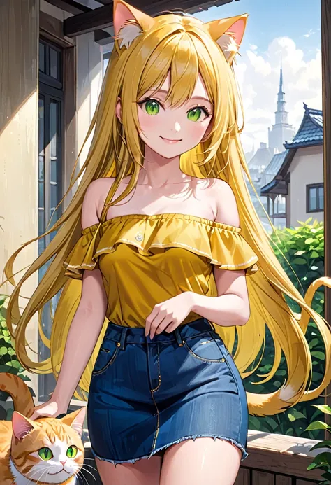 (( straight face picture )) ((best quality)),  ((Masterpiece)), (details), Young woman,  cat ears , yellow hair , green eyes , long hair , Yellow off-the-shoulder dress , jeans skirt , cat tail , smile,