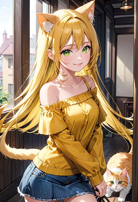 (( straight face picture )) ((best quality)),  ((Masterpiece)), (details), Young woman,  cat ears , yellow hair , green eyes , long hair , Yellow off-the-shoulder dress , jeans skirt , cat tail , smile,