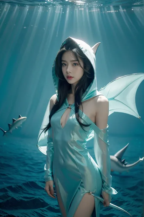 (((best quality))),(((ultra detailed))),(((masterpiece))),illustration,(1 beautiful girl,shark girl,solo),((slim,thin,small breasts,flat chest)),aquarium,summer night,(sleek shark-hooded dress:1.3),shimmering hues,enchanting aura,(shoulder length straight ...