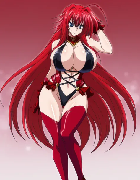 Rias Gremory with her big breasts, with her fat legs, and wearing a sexy outfit, red leggings, and long red gloves