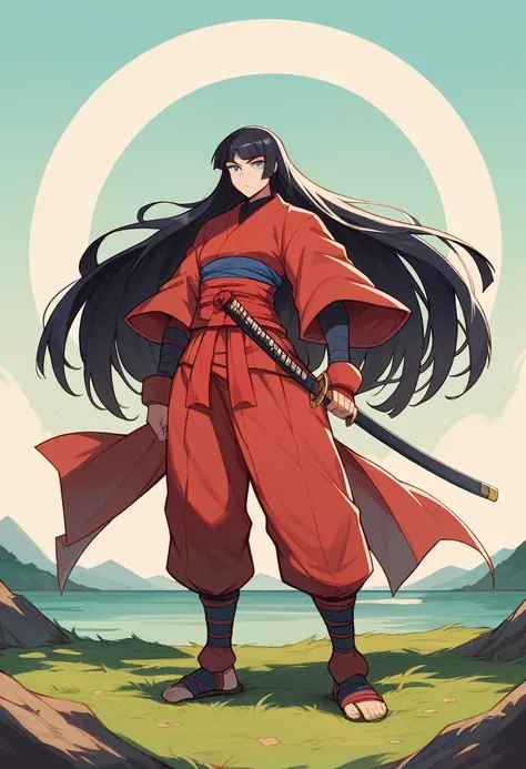 red samurai armor, red samurai helmet, tall, adult, blue eyes, long black hair, bigger tits, long katana, by the lake, samurai anime girl, stand up, full body wiew, 8K