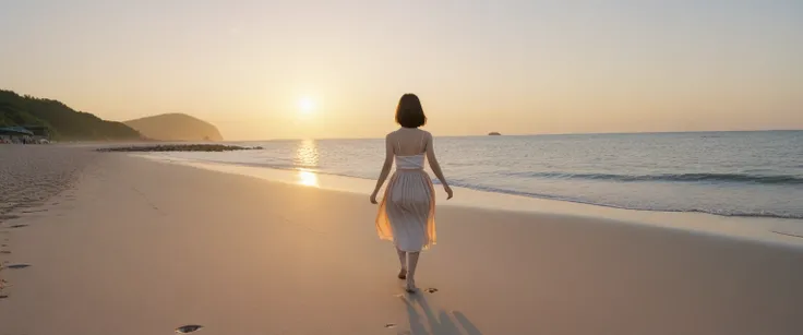 8K realistic lifelike photos, Realistic appearance of nature, , Woman walking along the beach at sunset. Walking in the distance with a wide angle lens , Back view of an Asian woman wearing a light skirt, burning sunset light, I see you walking far away, S...