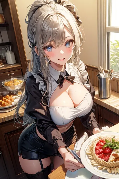 (dynamic angle:1.3, front view:1.1, breast focus:1.3, from above:1.1), (dynamic posing:1.2, sexy posing:1.2), (seductive smiling:1.3), ((holding Pasta on a plate,Taking the pasta out of the pan, worried about the outcome:1.2)),highest quality、(real、photore...