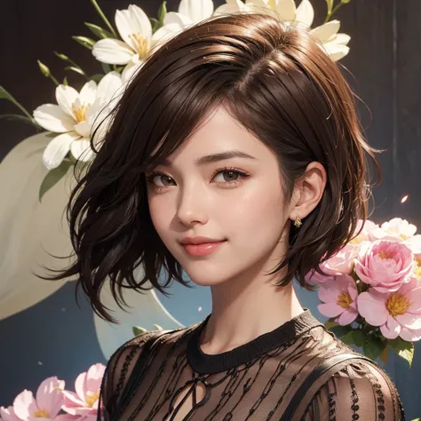 1 woman, short hair type male cut, with the parting of the hair to the side, is coffee, Brown eyes, smiling, has a maternal aura, He is of medium build, she has a blouse with flowers, close up image for profile photo