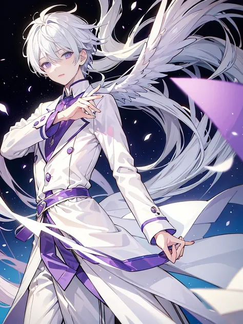 1boy, white hair, beautiful boy, purple eyes, dress, idol costume, white clothes