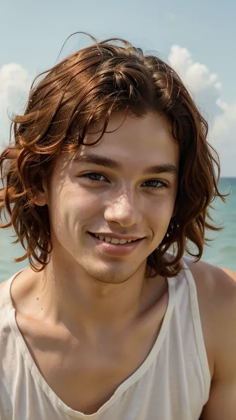 Young man with curly red hair,  brown eyes and full mouth smiling and looking at the horizon 