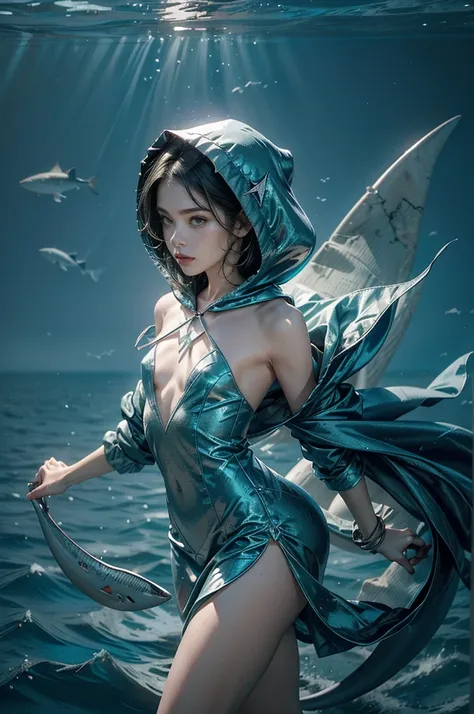 (((best quality))),(((ultra detailed))),(((masterpiece))),illustration,(1 beautiful girl,shark girl,solo),((slim,thin,small breasts,flat chest)),aquarium,summer night,(sleek shark-hooded dress:1.3),shimmering hues,enchanting aura,(shoulder length straight ...