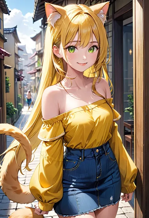 (( straight face picture )) ((best quality)),  ((Masterpiece)), (details), Young woman,  cat ears , yellow hair , green eyes , long hair , Yellow off-the-shoulder dress , jeans skirt , has a tail , smile,