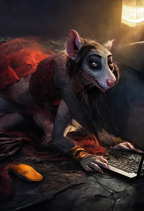 a rat woman, playing dead by daylight on a gaming computer