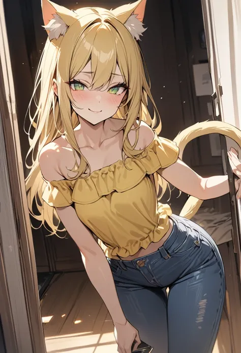 (( straight face picture )) ((best quality)),  ((Masterpiece)), (details), Young woman,  cat ears , yellow hair , green eyes , long hair , Yellow off-the-shoulder dress , jeans skirt , has a tail , smile,