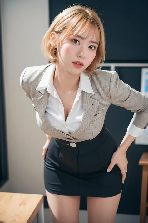 (from below:1), (one girl), young woman, (business suit & pencil miniskirt:1.1), high heels, blonde short hair, (skirt to show h...