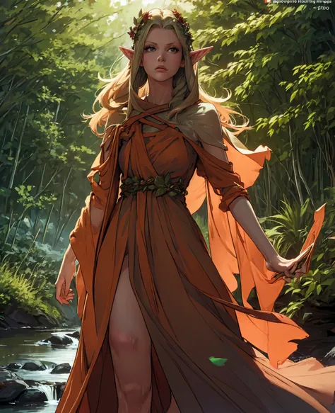 A beautiful elf girl with long pointy ears, delicate facial features, green eyes, full red lips, high cheekbones, flowing silver hair, wearing an intricate green dress decorated with flowers and vines, standing in a lush enchanted forest with sunlight filt...