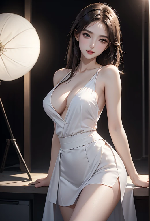 ((Bare shoulders)), ((Full breasts)), ((The skirt is very short)), ((Sexy legs)), ((whole body)), Practical, Fashion Girl, Red lips, Become a, Exquisite makeup, big eyes, beautiful, (best quality, masterpiece:1.2), Extremely detailed, (Practical:1.37), ((R...