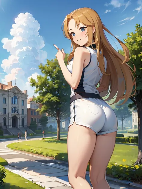 ((masterpiece) (((((Highest quality))))((high resolution))))), Very detailed, Ultra-realistic, 、Blonde)、、、City、building、、(、Embarrassed face、、Ass shorts、Face looking back、From below、Low - Angle、Track and field uniform、garden、Sleeveless