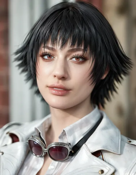 (best quality:1.2), lady (from devil may cry 5:1.1), white jacket, perfect face, portrait, perfect face