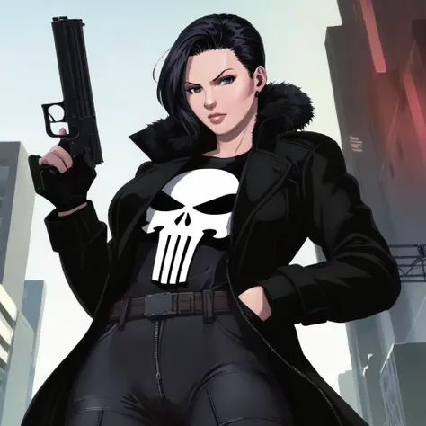 anime artwork of  a punisher woman in a black punisher coat holding a gun anime manga girl style, anime style, key visual, vibra...