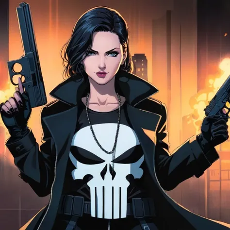 anime artwork of  a punisher woman in a black punisher coat holding a gun anime manga girl style, anime style, key visual, vibra...