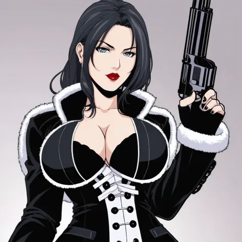 anime artwork of  a sexy punisher woman in a black punisher coat with stockings holding a gun anime manga girl style, anime style, key visual, black and white line art, studio anime, coloring page, white background