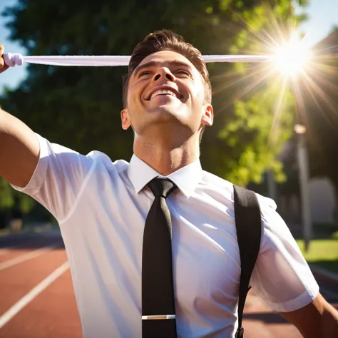 1 man in a white shirt, black tie, and black trousers, looking up at the sky with a happy expression, (best quality,4k,8k,highres,masterpiece:1.2),ultra-detailed,(realistic,photorealistic,photo-realistic:1.37),man reaching finish line, dramatic lighting, v...