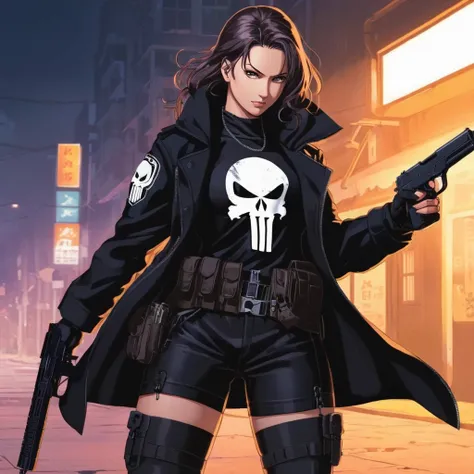 anime artwork of a punisher woman in a black punisher coat holding a gun anime manga girl style, anime style, key visual, vibran...