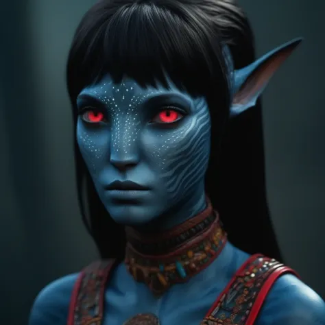 (face portrait), na'vi, female, (red eyes), ((big detailed alien eyes)), ((eyebrowless)), ((pointy ears)), (gray skin tone), (st...