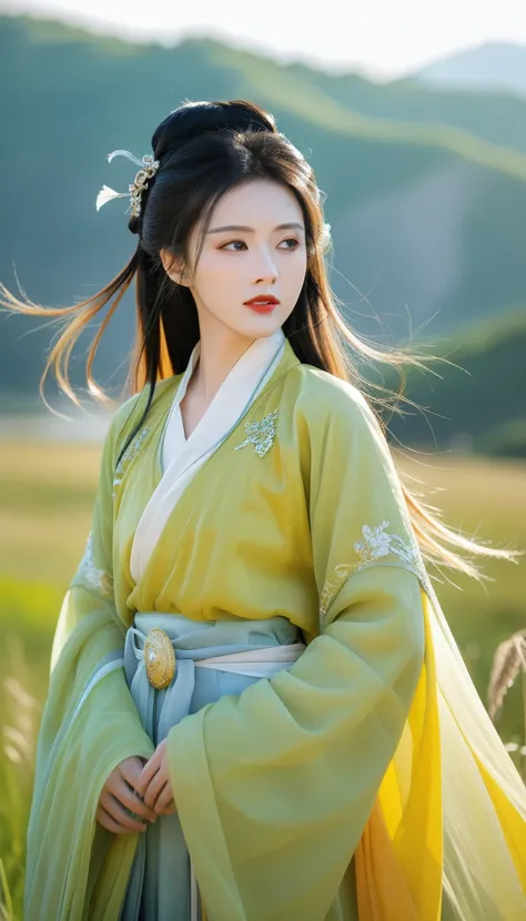 best quality,hd portrait photography， looking at the audience,female image wearing traditional hanfu, summer,ruins,((messy hair)...