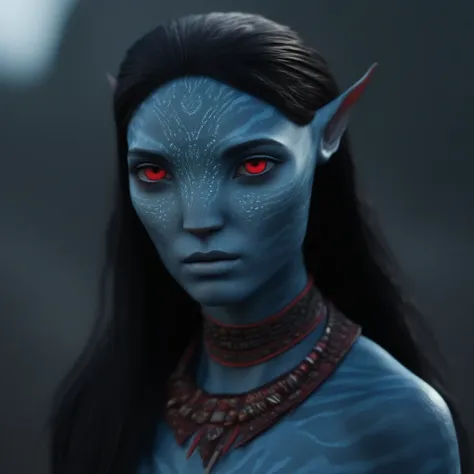 (face portrait), na'vi, female, (red eyes), ((big detailed alien eyes)), ((eyebrowless)), pointy ears, (gray skin tone), (straig...