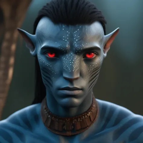 (face portrait), na'vi, male, (red eyes), ((big detailed alien eyes)), ((eyebrowless)), pointy ears, (gray skin tone), (straight...