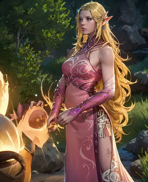 a beautiful elven princess, intricate elven crown, delicately pointed ears, long wavy hair, ethereal glowing skin, elegant flowi...