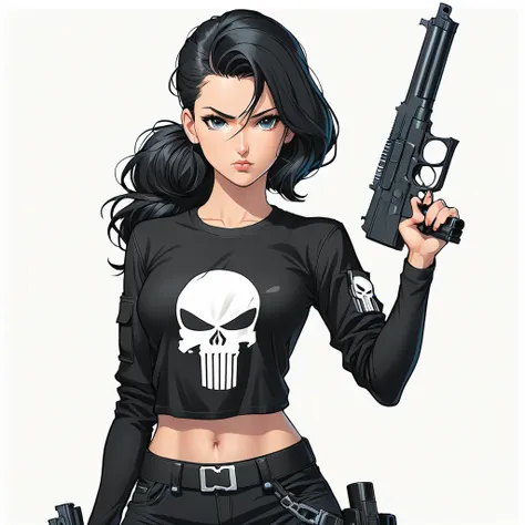 anime artwork of a young sexy punisher woman in a black punisher shirt holding one gun anime manga girl style, entire body in sh...