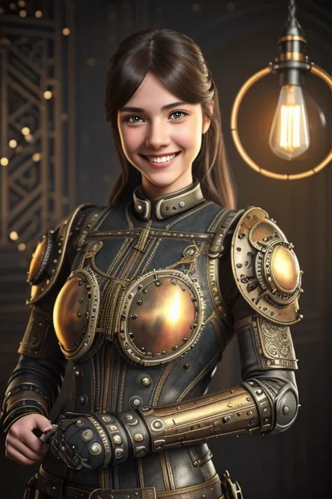 1 smiling girl with bionic arms in steampunk style., captured in ultra high resolution with photorealistic and beautiful lighting. This masterpiece is of the best quality and is set on an abstract zentangle background. (weighted by 1.4).