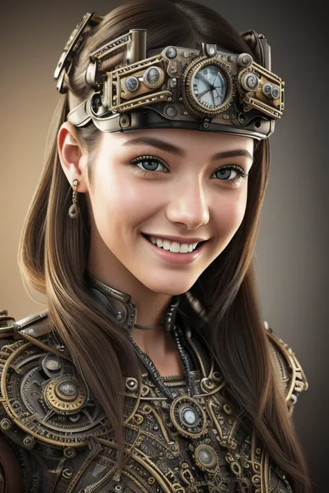 1 smiling girl with bionic arms in steampunk style., captured in ultra high resolution with photorealistic and beautiful lighting. This masterpiece is of the best quality and is set on an abstract zentangle background. (weighted by 1.4).