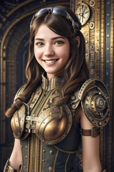 1 smiling girl with bionic arms in steampunk style., captured in ultra high resolution with photorealistic and beautiful lighting. This masterpiece is of the best quality and is set on an abstract zentangle background. (weighted by 1.4).