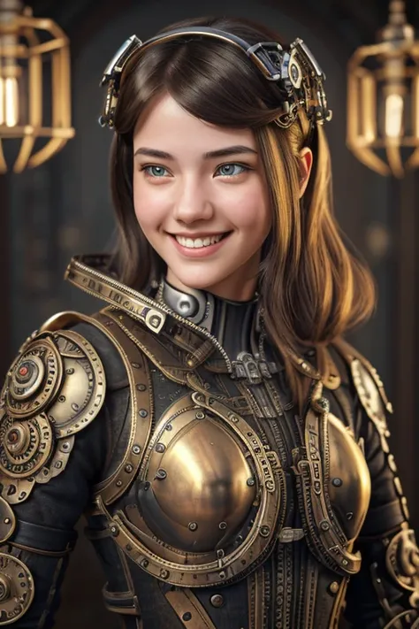 1 smiling girl with bionic arms in steampunk style., captured in ultra high resolution with photorealistic and beautiful lighting. This masterpiece is of the best quality and is set on an abstract zentangle background. (weighted by 1.4).