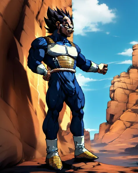 1guy, masterpiece, best quality, absurdres, wallpaper, detailed face, detailed eyes, Vegeta , full body, Sayian armor, massive bulge