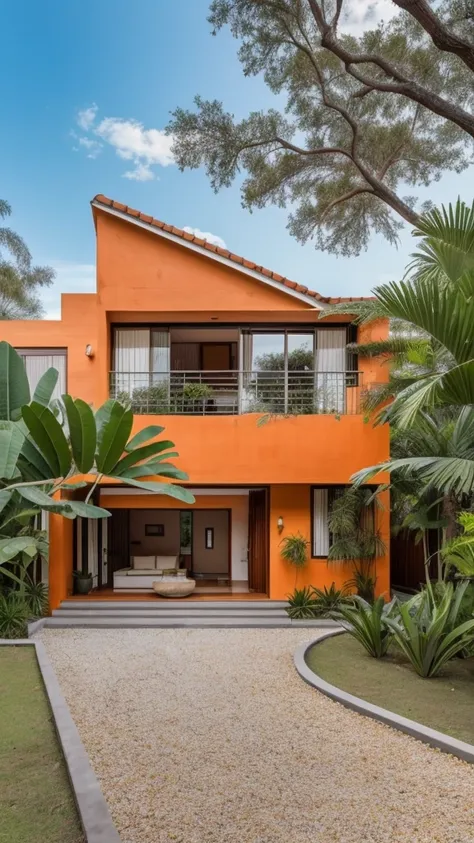 uma casa laranjada moderna de concreto, paredes na cor laranja,  floresta tropical, next to a pond with lots of very ornamental ...