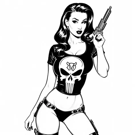 sexy pinup wearing a punisher shirt, coloring page, black and white, white background