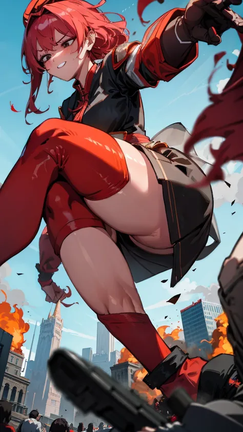 Striding through a busy university campus, the Giantess Goddess with crimson skin and onyx black eyes looms over the buildings. Her hair, a cascade of crimson flames, sets the surroundings ablaze. Normal-sized students and professors scatter, but many are ...