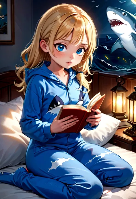 A cute girl (age 10, blonde, big blue eyes) in her shark themed pajamas complete with hoody. Sitting up in bed, reading a shark book by flashlight.
