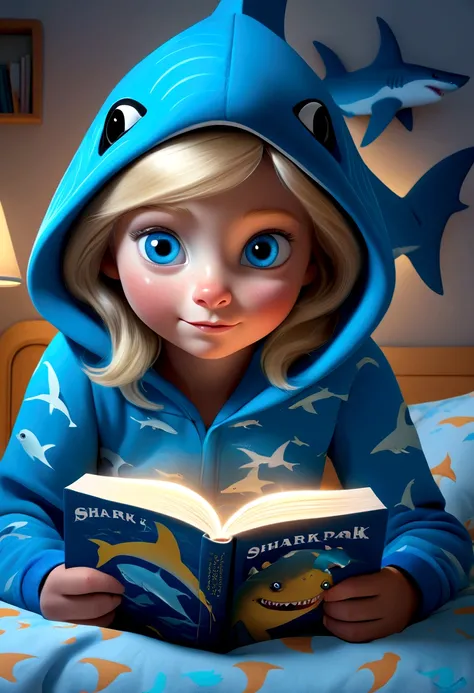 A cute girl (age 10, blonde, big blue eyes) in her shark themed pajamas complete with hoody. Sitting up in bed, reading a shark book by flashlight.
