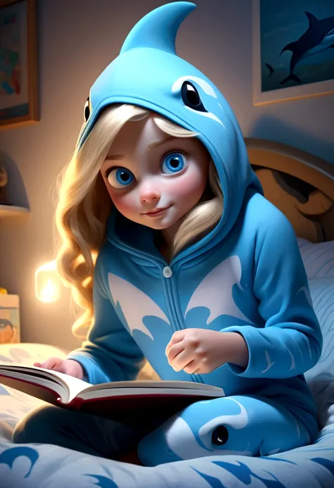 A cute girl (age 10, blonde, big blue eyes) in her shark themed pajamas complete with hoody. Sitting up in bed, reading a shark book by flashlight.
