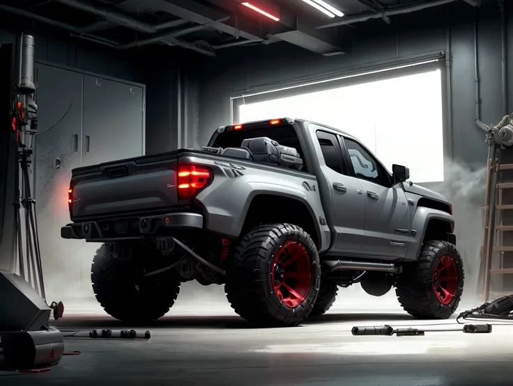 create a concept image of a futuristic pickup truck in a professional photography studio. the vehicle should embody cutting-edge...