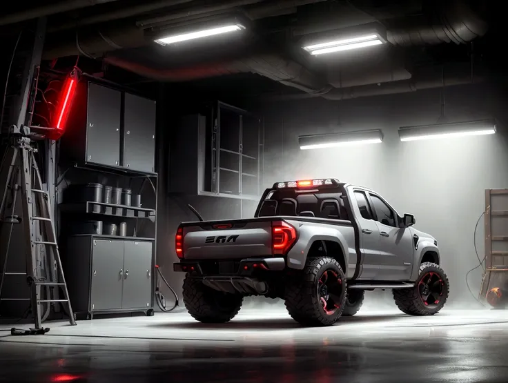 create a concept image of a futuristic pickup truck in a professional photography studio. the vehicle should embody cutting-edge...