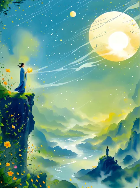 Cai GuoRUNs illustration style, 1girl, A woman in a long skirt stands on a cliff and looks up at the starry sky, Goddess of space, Milky Way Goddess, Goddess of Heaven, Astral Ethereal, dream, Beautiful celestial wizard, Beautiful fantasy painting, Beautif...